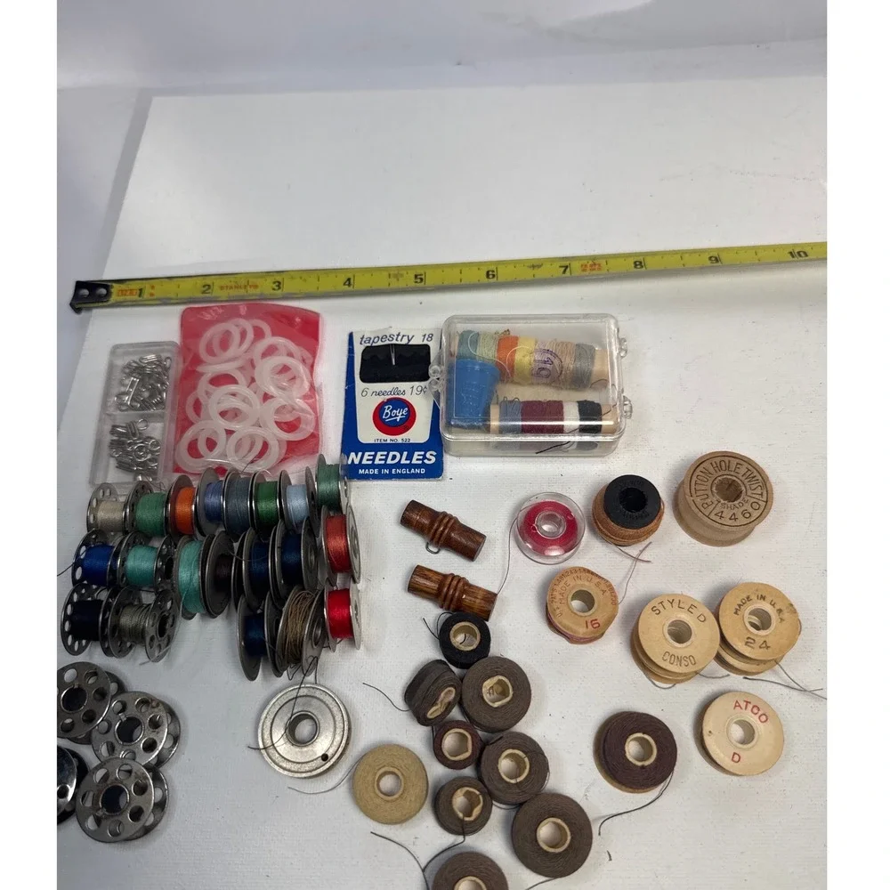 Mixed Vintage Sewing Notions Lot Wood Spools Metal Bobbins Boye Needles Multi